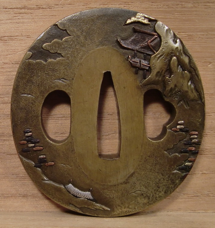 日本刀装飾 目貫 古銅製 片輪車に波 江戸骨董 時代箱 コレクター放出 