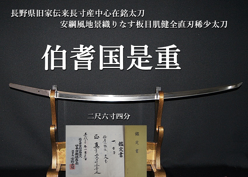 ☆長野県旧家伝来長寸産中心在銘太刀☆伯耆国是重 二尺六寸四分 安綱風地景織りなす板目肌健全直刃稀少太刀☆ -  美術*刀剣*専門*オークション！WINNERS(ウィナーズ)