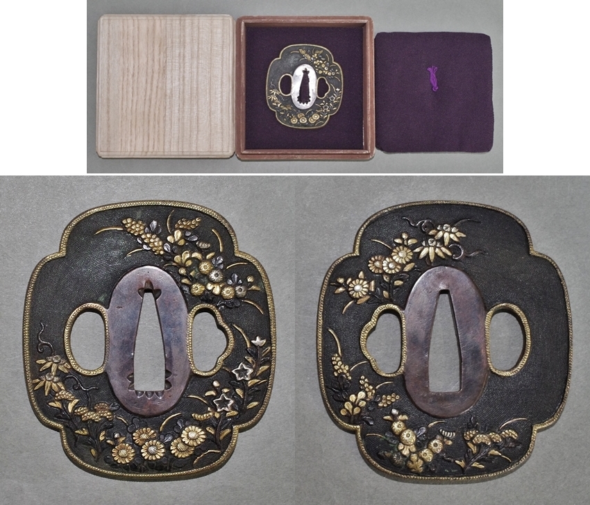 ☆美濃後藤赤銅魚子地鍍金【秋草図】木瓜形鍔☆ - 美術*刀剣*専門